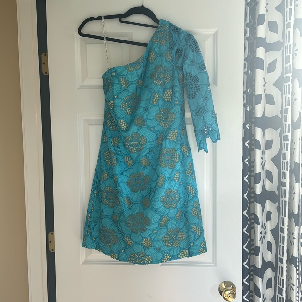 Lily Pulitzer one shoulder blue and yellow lace dress